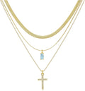 3Pcs Gold Layered Necklaces for Women, 14K Gold Plated Cross Necklace, Dainty Birthstone Necklace for Women, Herringbone Gold Necklaces Set, Stackable Women's Gold Pendant Necklaces Jewelry Set