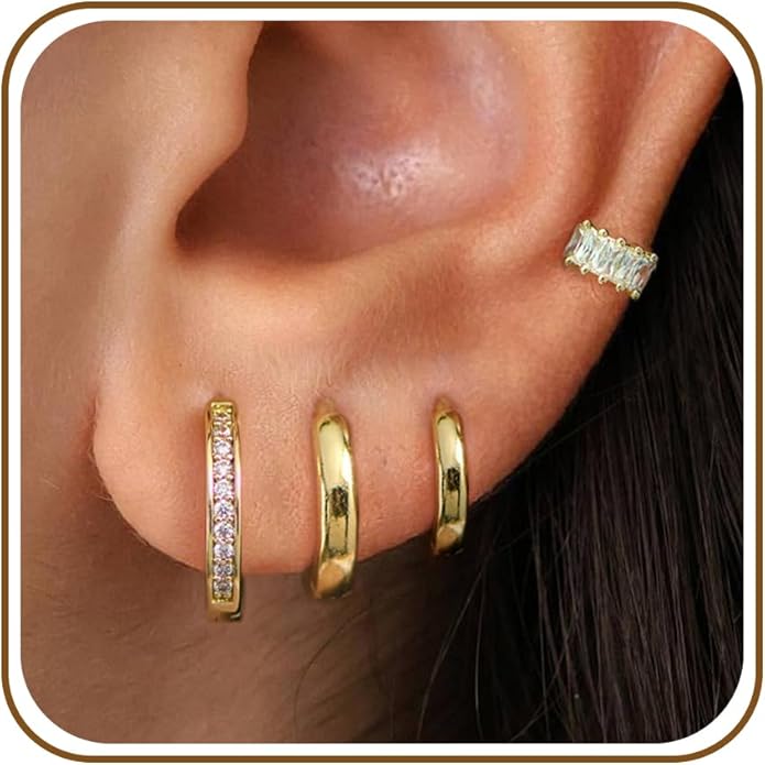 4Pairs Statement Gold Hoop Earrings for Women Trendy,Surgical Steel Gold Plated Hoop Hypoallergenic Earrings Set,Titanium Hoops Earring Stacks,CZ Cartilage Huggie Hoops Earring Gifts for Girlfriend