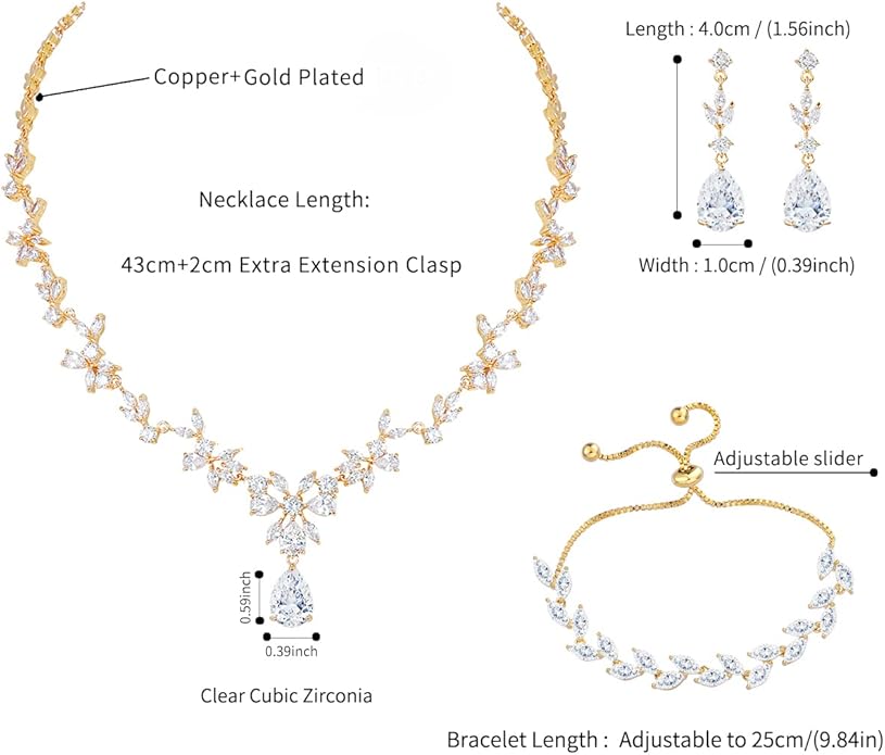 Bridal Wedding Jewelry CZ Set Marquise Teardrop Cubic Zirconia Pendant Necklace and Dangle Earring Bracelet Sets for Women