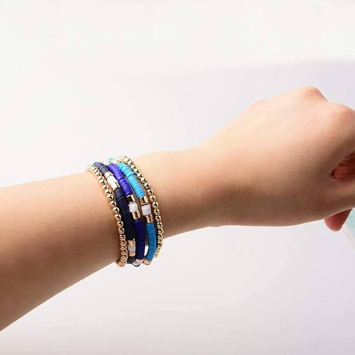 GOOJIDS Surfer Heishi Clay Bead Bracelets for Women Bohemian Stackable Gold Plated Beaded Stretch Bracelets Elastic Layering Friendship Bracelets Set Boho Jewelry