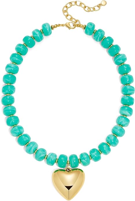 WOWORAMA Chunky Heart Necklaces for Women Colorful Resin Beaded Choker Necklace Gold Puffy Heart Statement Necklace Trendy Acrylic Choker Jewelry