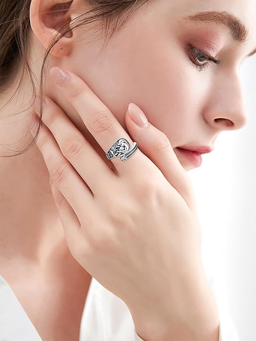 Midari Sun and Moon/Bee/Celtic/Life of Tree/Lotus Spoon Ring for Women 925 Sterling Silver Adjustable Ring Open Ring for Women Men Halloween Birthday Gift