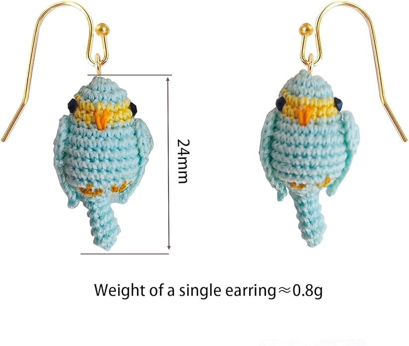 Hand-crocheted yellow and blue parrot earrings, miniature crocheted artistic cute playful parrot gifts accessories
