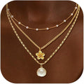 Gold Sea Shell Necklace Layered Charm Necklace for Women Boho Summer Seashell Beach Starfish Necklaces 14k Pearl Chain Surfer Jewelry Beach Vacation Essentials