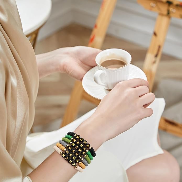 GOOJIDS Surfer Heishi Clay Bead Bracelets for Women Bohemian Stackable Gold Plated Beaded Stretch Bracelets Elastic Layering Friendship Bracelets Set Boho Jewelry