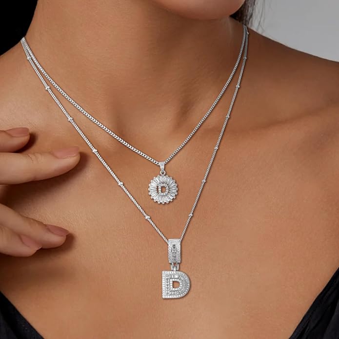 Initial Letter Necklace for Women 14k White Gold Silver Plated Dainty Necklaces Trendy Chunky Custom Layered Necklace Set Personalized Round Circle Zirconia A-Z Letter Chain Pendant Jewelry Gift