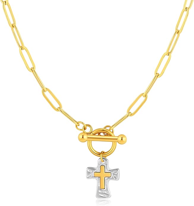 MQV Chunky Statement Gold Hammered Bold Cross Necklace Thick Chain Vintage Chain Pendant Jewelry