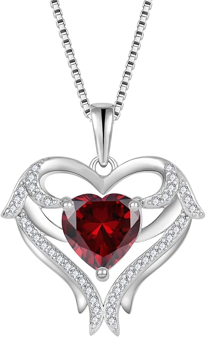 FJ Heart Angel Wings Pendant Necklace 925 Sterling Silver Birthstone Jewelry Gifts for Women