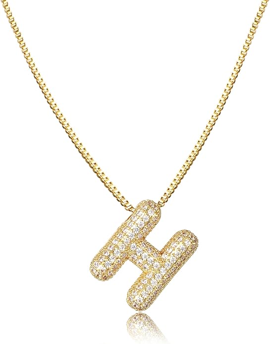 SKQIR Diamond Initial Letter Necklace for Women Bubble Gold Plated Puffy Balloon Alphabet Crystal Zircon Pendant Name Necklace Dainty Charms Trendy Jewelry Gift for Women