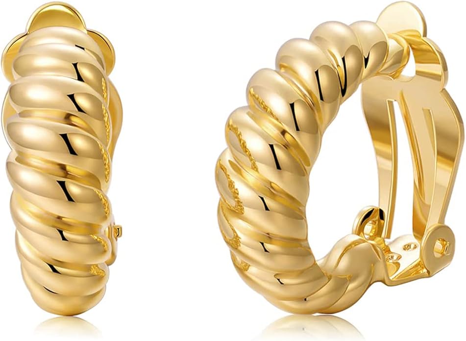 Clip on Earrings Women, 14K Gold Hoop Clip-On Earrings for Women, Hypoallergenic Non Pierced Croissant Earrings