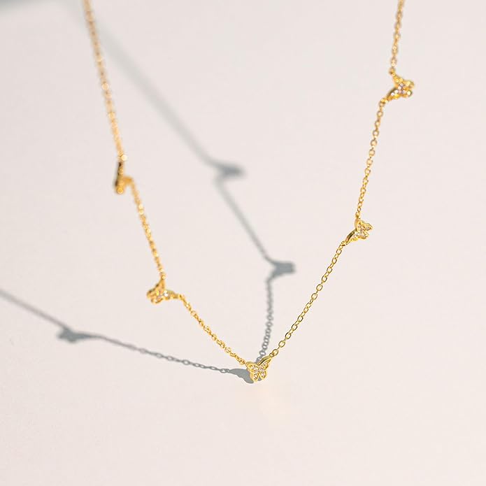 VRIUA Necklaces for Women - 14K Gold/Silver Plated Dainty Chain Necklace with Five Charms: Diamond, Bow, Snowflake, Cross, Flower, Clover, Butterfly, Heart, Star of David, and Star Trendy Jewelry