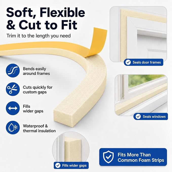 66FT EVA Foam Weather Stripping Door Seal, Self-Adhesive Weatherstrip Tape - Image 3