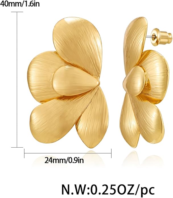 Chunky Gold Statement Earrings For Women Gold Plated Sectored Flower Leaf Shell Angel Wing Earrings Trendy Boho Jewelry For Women Large Stud Earrings Hypoallergenic Earrings