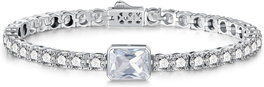 Birthstone Bracelets for Women Birthday Gifts 4CT Radiant Cut Birthstone 4mm Sterling Silver White Gold Tennis Bracelets for Women Round Cut 5A Cubic Zirconia Bezel Setting 7 Inch
