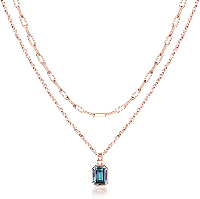 Layered Birthstone Necklace for Women Girls, 14K Gold-Plated Paperclip Chain Choker Necklace with Rectangle Birthstone Pendant Birthday Gifts for Women Girls Dainty Small