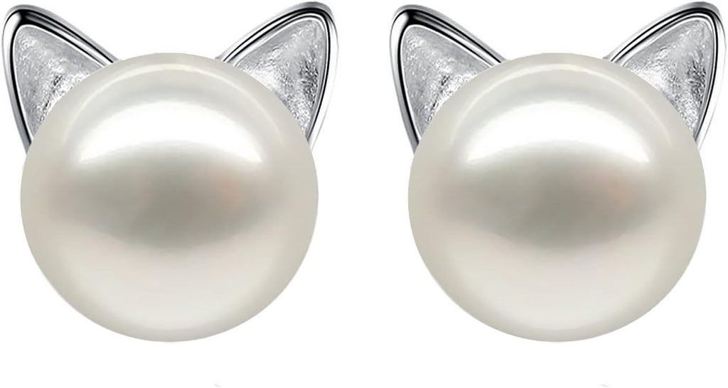 Wicary Cat Earrings Sterling Silver Pearl Earrings for Women Cat Stud Earring for Cat Lovers