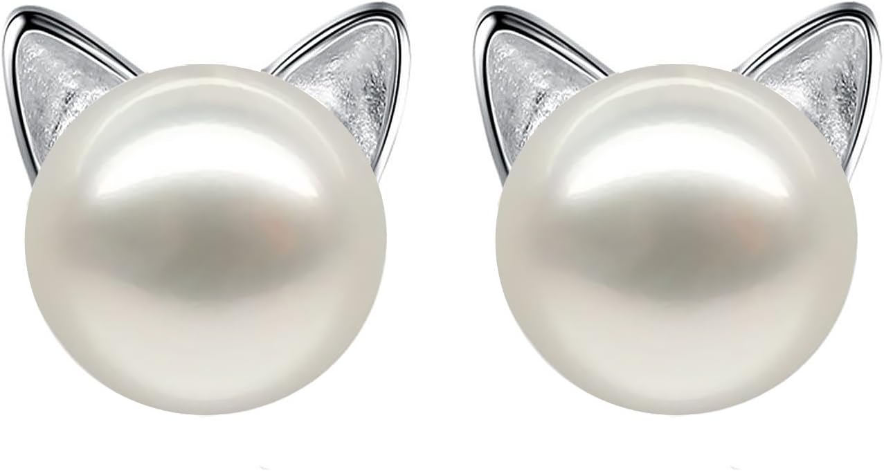 Wicary Cat Earrings Sterling Silver Pearl Earrings for Women Cat Stud Earring for Cat Lovers