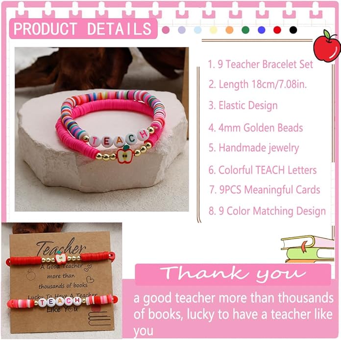 COLOYAN 18PCS Teacher Appreciation Gifts for Women Men, Teacher Gifts Wooden Beaded Bracelet elastic Clay Bracelet, Birthday Christmas Thanksgiving Thank You Gifts for Teachers