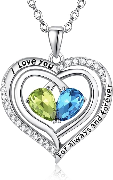 Valentine's Day Gifts for Wife 925 Sterling Silver Double Birthstone Pendant Necklaces I Love You for Always and Forever Necklace Anniversary Birthday Gifts for Wife Girlfriend Mom Her