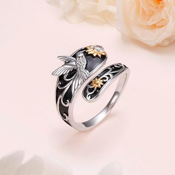 FLYOW Sterling Silver Sunflower Spoon Ring Victorian Style Boho Antique Flower Adjustable Open Ring Retro Statement Cubic Zirconial/Turquoise/Oxidized Thumb Rings for Women Birthday Christmas Jewelry