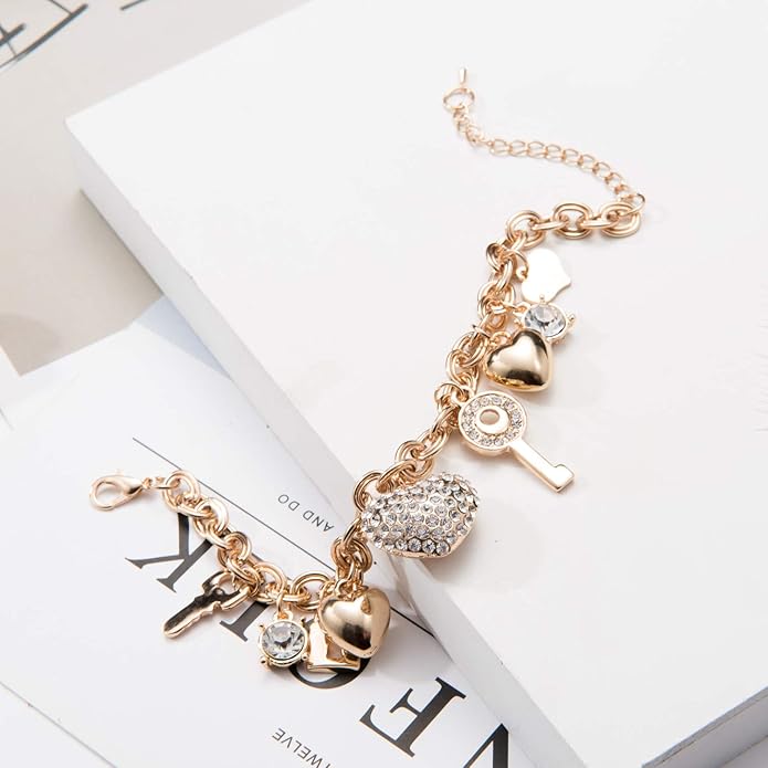 SILANER Gold Chain Link Bracelet - 7"+ 2" Extender 14K Gold Plated Love Locked Bracelets for Women, with Crystal, Love Heart,Key, Lock, Charm Bracelet