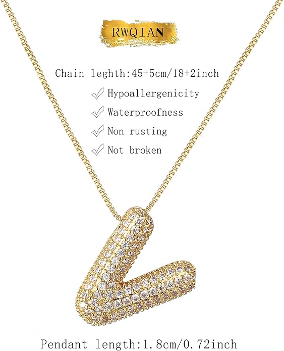 RWQIAN Letter Necklace for Women Bubble, Chunky Initial Alphabet A-Z Pendant Puffy Name Personalized Necklace Dainty Zircon CZ Fashion Jewelry Gifts for Girls Girlfriend
