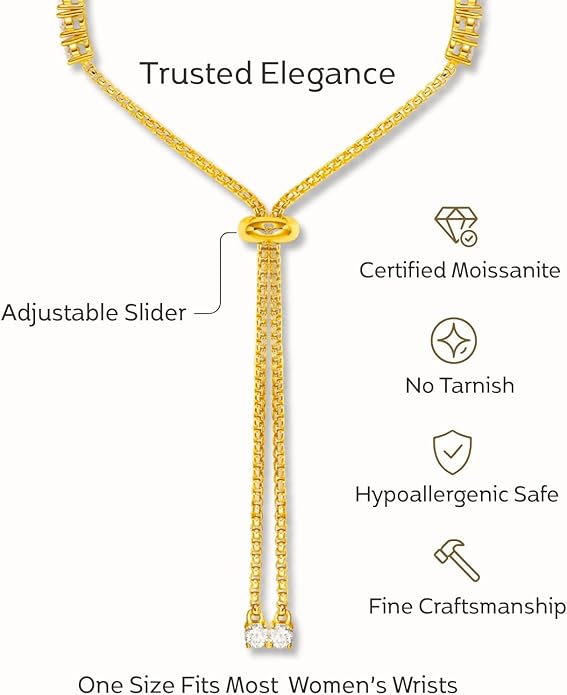 LOVE&LOVE Moissanite Tennis Bracelet for Women, Adjustable 18K Gold Plated 925 Sterling Silver Bracelet, 3/4mm D VVS1 Round Cut, Luxury Jewelry Gift for Wife Mom Girlfriend Birthday Anniversary