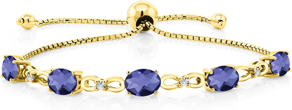 Gem Stone King 7X5MM Oval Cut Gemstone Birthstone and Accent Lab Grown Diamond Tennis Bracelet For Women In 18K Yellow Gold Plated Silver | Adjustable Bolo Bracelet For Women | Easy-On Easy-Off