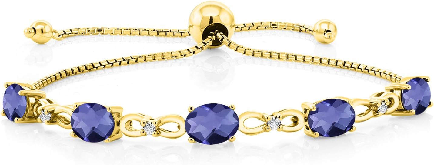 Gem Stone King 7X5MM Oval Cut Gemstone Birthstone and Accent Lab Grown Diamond Tennis Bracelet For Women In 18K Yellow Gold Plated Silver | Adjustable Bolo Bracelet For Women | Easy-On Easy-Off