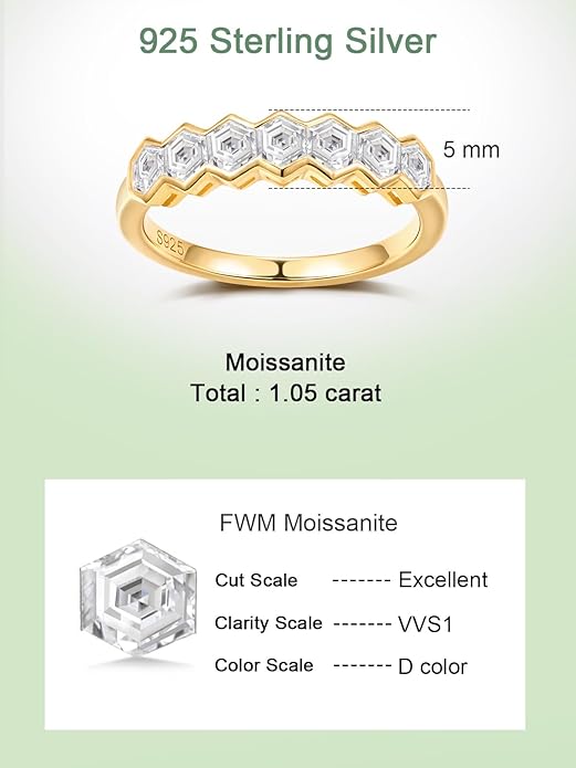 FWM D Color VVS1 Clarity Moissanite Hexagonal Eternity Rings for Women, Solid 925 Sterling Silver, Size 4-11, Stackable Wedding Band, Anniversary Mothers Day Valentines Jewelry