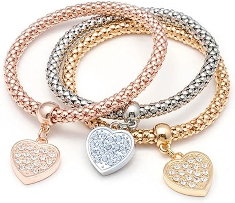 Crystal Charms Multilayer Bracelets - 3PCS Gold/Silver/Rose Gold Corn Chain Bracelet for Women, Tree of Life Heart Shaped Stretch Bracelet