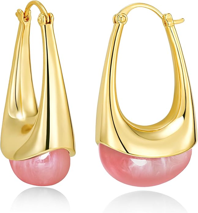 Long Oval Chunky Dangle 18K gold plated Hoops with Colored Resin Gemstone Statement Earrings for Women by SNGIA, (Green, Brown, Blue, Pink, White, Cream), Bold Drop Handmade Exaggerated Irregular Trendy Bohemian Jewelry Gifts, Unique Dangling Teardrop ...