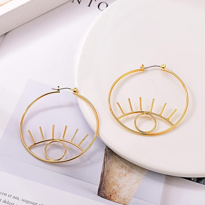 FOCALOOK Gold Eye Earrings for Women 14K Gold Plated Dangle Abstract Evil Eye Hoop Earrings