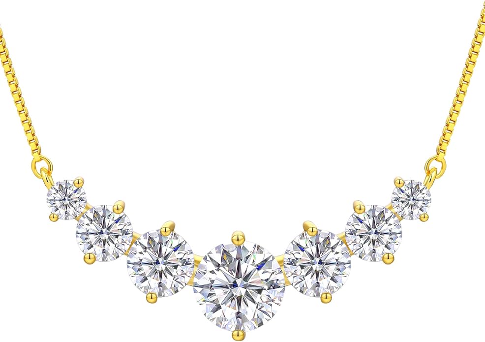 TUHE 7 Stones Moissanite Necklace for Women, 1.7-5.0 Carat Smile Moissanite Pendant Necklace 18k Gold Plated Sterling Silver 16.5+2.5 inch Box Chain Tennis Necklaces with Certificate of Authenticity
