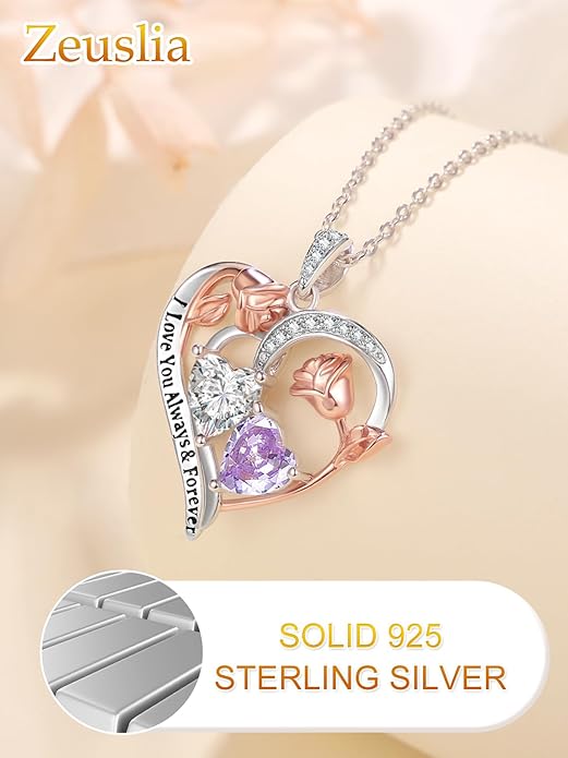 Valentine's Day Gifts for Wife 925 Sterling Silver Double Birthstone Pendant Necklaces I Love You for Always and Forever Necklace Anniversary Birthday Gifts for Wife Girlfriend Mom Her