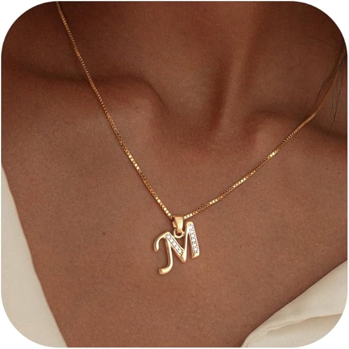 Initial Necklace for Women, 14K Gold Plated Box Chain Letter Pendant, Trendy Name Necklace, Dainty Personalized Jewelry Valentines Day Gift for Her