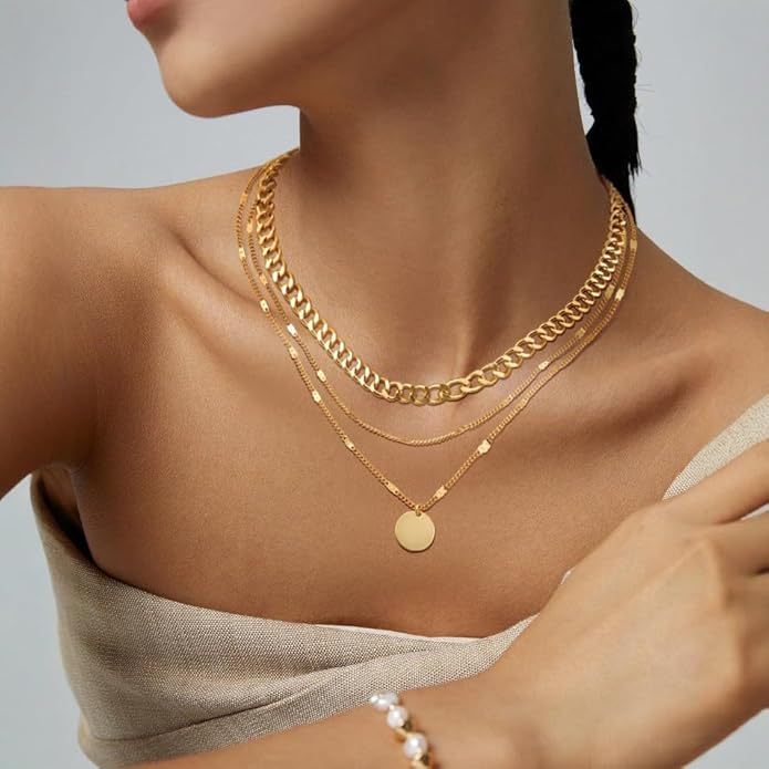 Evabelle Gold Layered Necklace for Women Trendy Jewelry 14K Real Gold Plated Chunky Chain Stackable Necklaces Dainty Choker Necklaces Rectangle Square Pendant