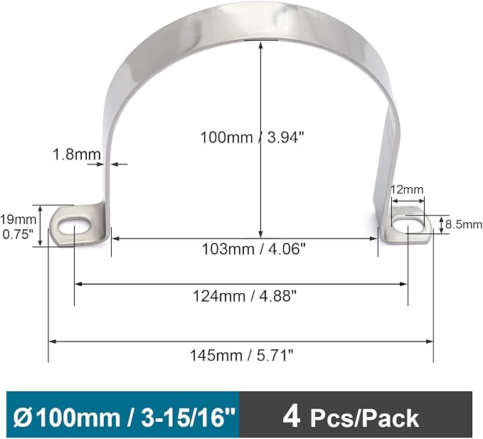 OD 3-15/16" Conduit Clamp 304 SS 2-holes U Pipe Bracket, Tube Clamps - Image 2