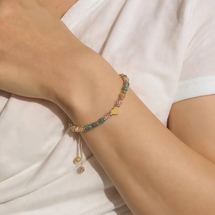 Natural Stone Heart Charm Bracelet - Adjustable Beaded Jewelry for Women, Thinking of You Gift.