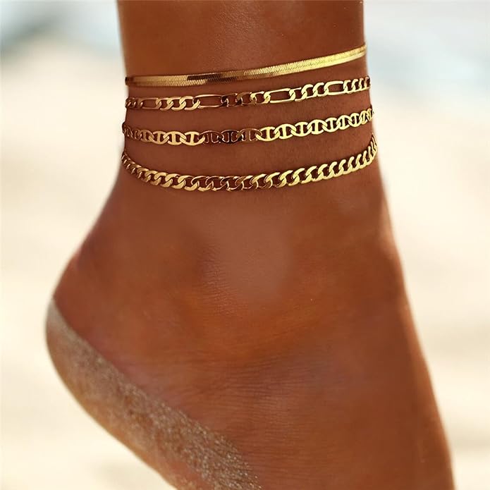 Anklets for Women 14K Gold Silver Plated Ankle Bracelets Trendy Waterproof Boho Anklets Set Adjustable Dainty Cute Diamond Beaded Heart Non Tarnish Summer Beach Jewelry Gift