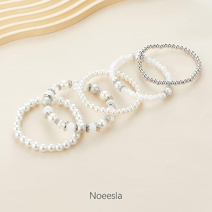 Noessla Beaded Pearl Stretch Bracelet Silver Stackable Crystal Beads Bracelets Trendy Costume Jewelry Mothers Day Gifts for Women