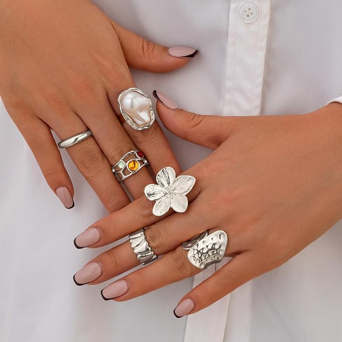 CJIAYUJEW Chunky Gold Flower Rings Pearl Stacking Statement Rings for Women Silver Chunky Knuckle Ring Set Adjustable Pearl Finger Ring Sets