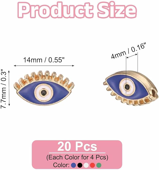 MECCANIXITY 20 Pcs Eye Shaped Evil Eye Beads Colorful Flat Loose Spacer Evil Eye Charms for DIY Bracelet Earrings Necklace Crafts Jewelry Making, Green/Red/Bright Blue/Black/White