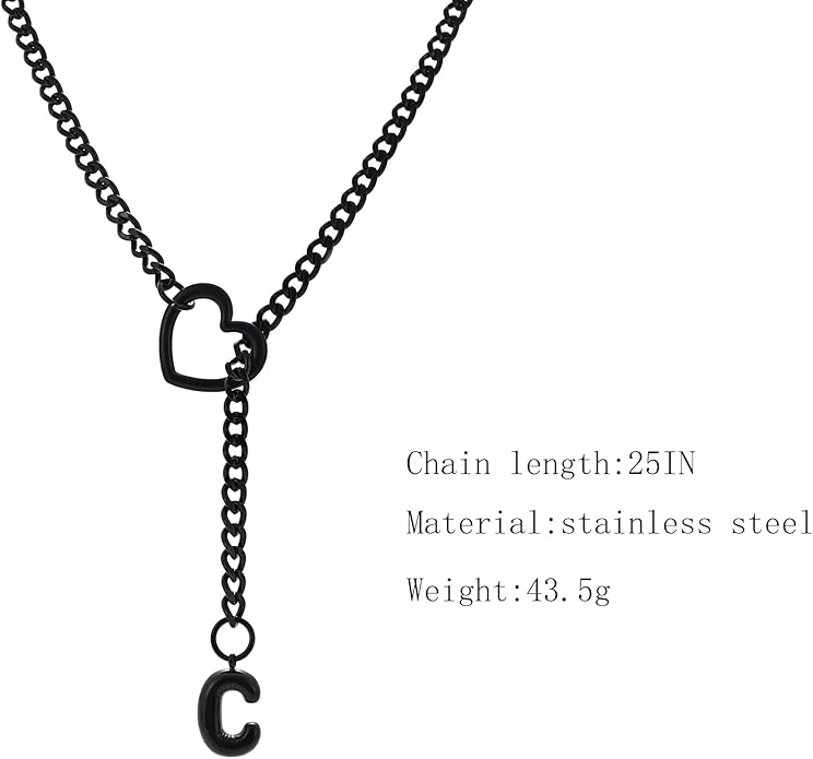 Black Heart Slip Chain Initial Necklaces for Women,Stainless Steel O-Ring Adjustable Lariat Heart Y-Necklace,Punk Gothic Cuban Collar Choker Necklace for women