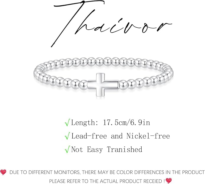 Valentines Day Gifts for Women Her - Beaded Stretch Handmade Ball Bracelets Cute Charm Bracelet Dainty Stackable Cross Heart Bow Wave CZ Jewelry Gifts Trendy Stuff