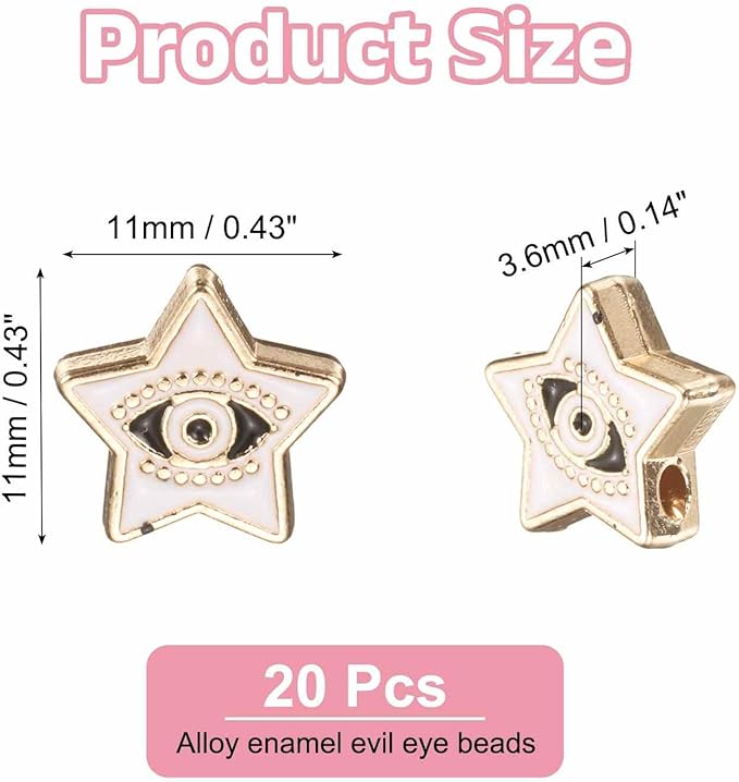 MECCANIXITY 20 Pcs Star Evil Eye Beads Colorful Flat Loose Spacer Evil Eye Charms for DIY Bracelet Earrings Necklace Crafts Jewelry Making, White