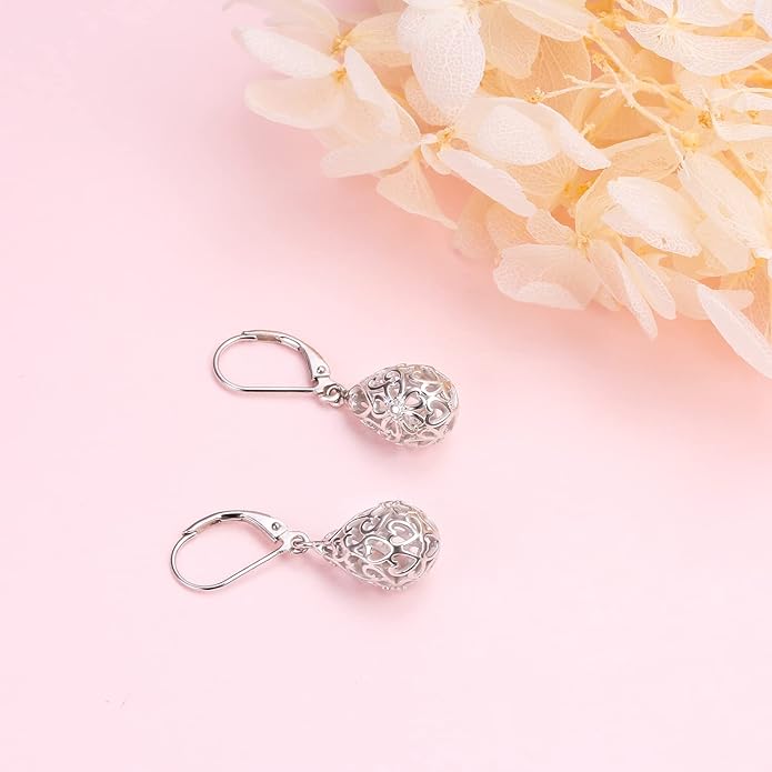 925 Sterling Silver Filigree Dangle Drop Earrings Daisy/Lotus/Rose Flower/Moonstone Leverback Teardrop Earrings for Women Infinity Celtic Knot Daisy Lotus Jewelry for Mothers Day