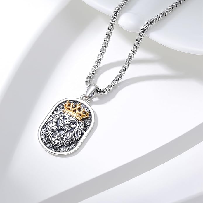 Cuoka Lion Necklace for Men Women S925 Sterling Silver King Retro Punk Gothic Hip Hop Rock Animal Lion Head Pendant Charm Jewelry Chain Necklace Viking Protection Amulet Necklaces