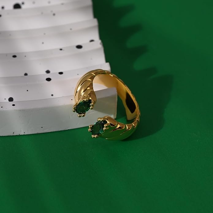 Chunky 18K Gold Adjustable Statement Ring for Women - Green Marquise Crystal Open Band, Vintage-Inspired Luxury Gift