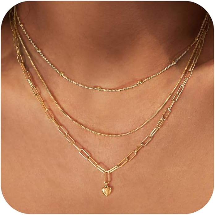Layered Necklaces for Women,Dainty 14k Gold Plated CZ Layered Choker Necklace for Women Trendy Non Tarnish Hypoallergenic Beaded Paperclip Chain Necklace Stack Women's Minimalist Gold Jewelry Gifts